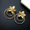 Elegant gold-plated half-circle flower earrings with floral and leaf design, adorned with sparkling stones for a stylish and contemporary look.