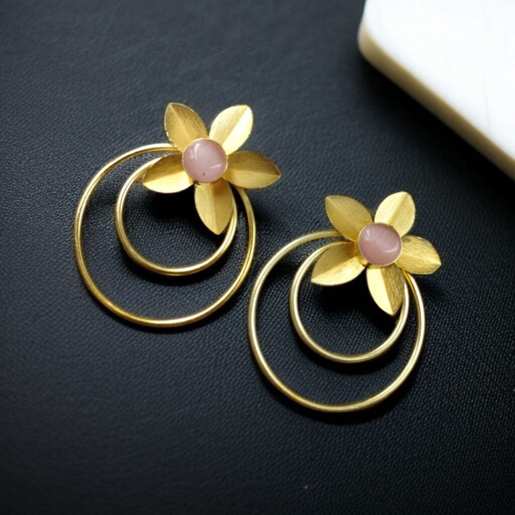 Bulk 726 Designer Half-Circle Flower Earrings – Beautiful Gold Plated Leaf & Stone Jewelry - "Baby Pink"
