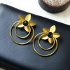Elegant gold-plated half-circle flower earrings with floral and leaf design, adorned with sparkling stones for a stylish and contemporary look.
