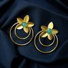 Elegant gold-plated half-circle flower earrings with floral and leaf design, adorned with sparkling stones for a stylish and contemporary look.