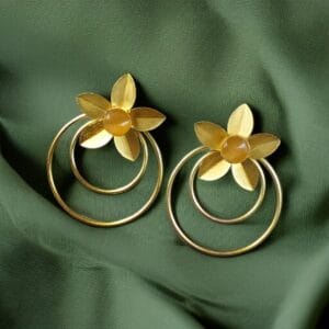 Designer Half-Circle Flower Earrings – Beautiful Gold Plated Leaf & Stone Jewelry - color: "Yellow"