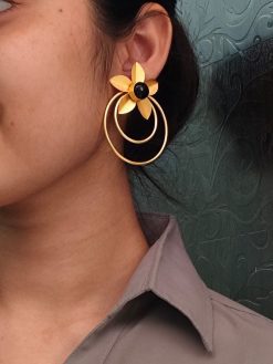 Elegant gold-plated half-circle flower earrings with floral and leaf design, adorned with sparkling stones for a stylish and contemporary look.