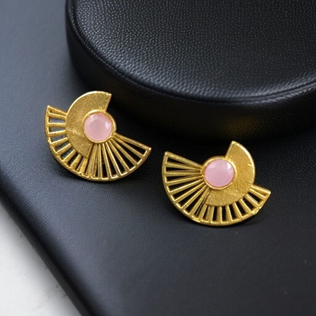 Bulk 702 Modern Half-Circle Stone Earrings – Contemprary Gold Plated Stylish Best Jewelry - "Baby Pink"