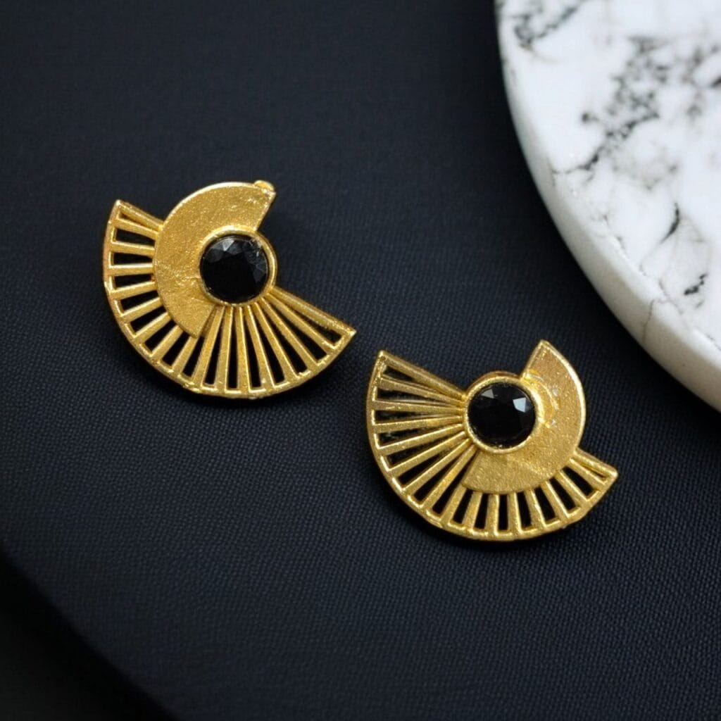 Bulk 708 Modern Half-Circle Stone Earrings – Contemprary Gold Plated Stylish Best Jewelry - "Black"