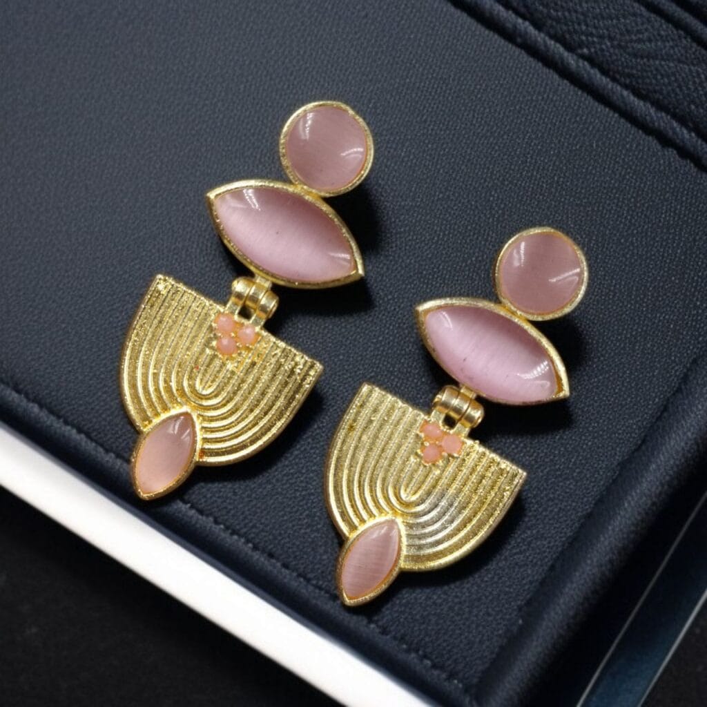 Bulk 1062 Luxury Gold Plated Stone Earrings | Unique Dangler Western Style Jewellery - "Baby Pink"
