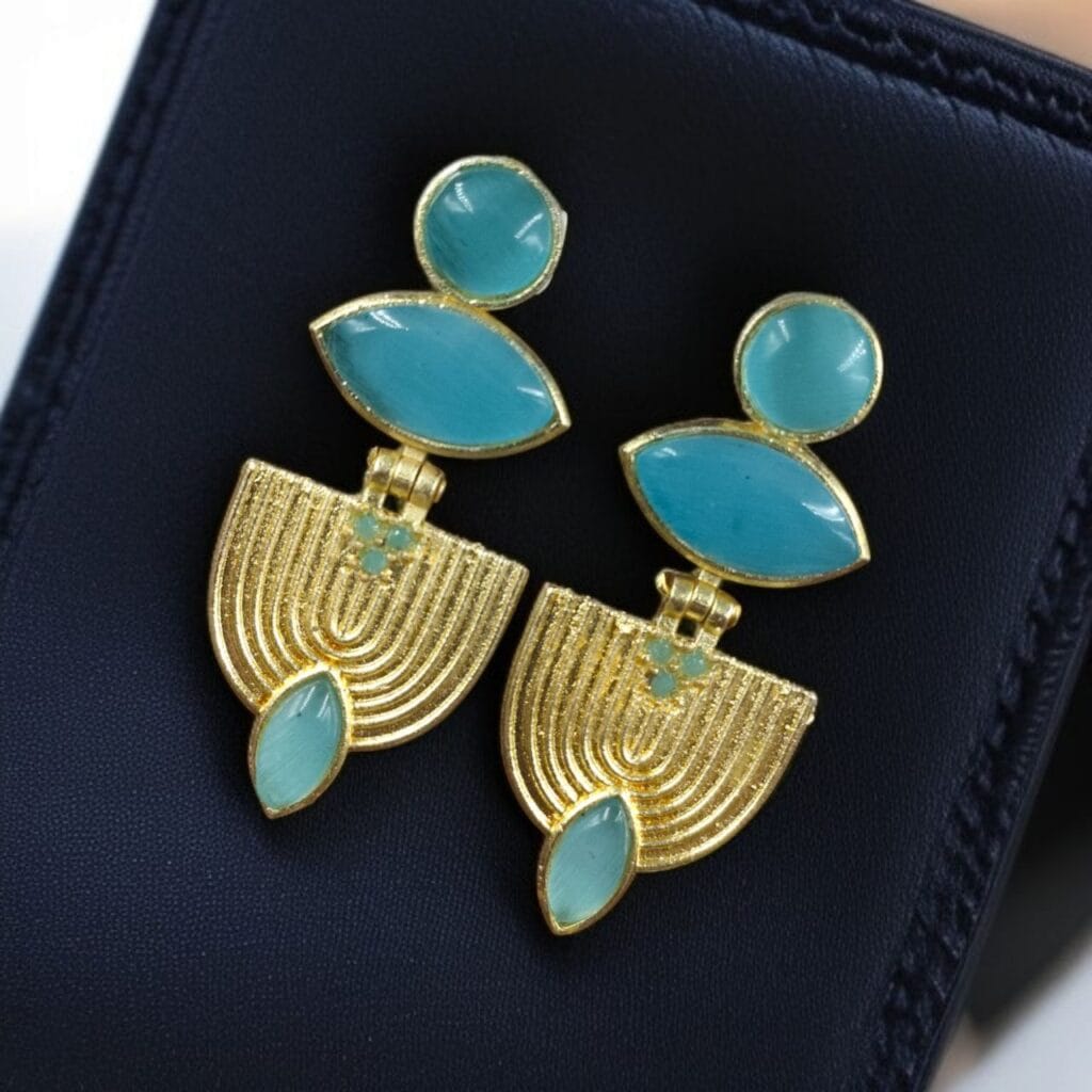 Bulk 1060 Luxury Gold Plated Stone Earrings | Unique Dangler Western Style Jewellery - "Aqua"