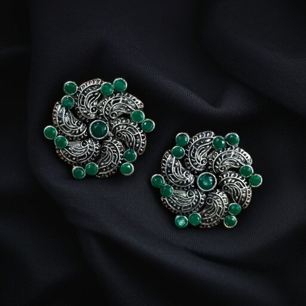 Bulk 1044 Traditional German Silver Stud Earrings – Affordable Ethnic Stone Jewelry - "Green"