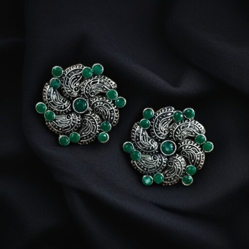 Traditional German Silver Stud Earrings with ethnic stone detailing, lightweight and affordable, perfect for daily wear and festive occasions.