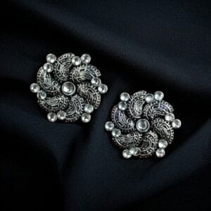 Traditional German Silver Stud Earrings with ethnic stone detailing, lightweight and affordable, perfect for daily wear and festive occasions.