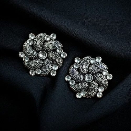 Traditional German Silver Stud Earrings with ethnic stone detailing, lightweight and affordable, perfect for daily wear and festive occasions.