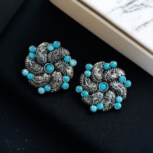 Traditional German Silver Stud Earrings – Affordable Ethnic Stone Jewelry - color: 'Aqua"