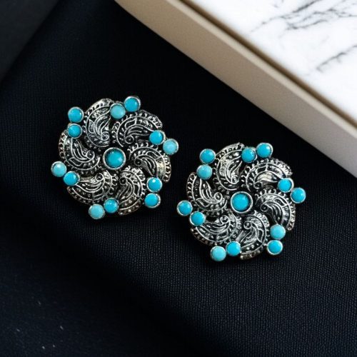 Traditional German Silver Stud Earrings with ethnic stone detailing, lightweight and affordable, perfect for daily wear and festive occasions.