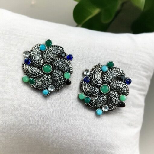 Traditional German Silver Stud Earrings with ethnic stone detailing, lightweight and affordable, perfect for daily wear and festive occasions.