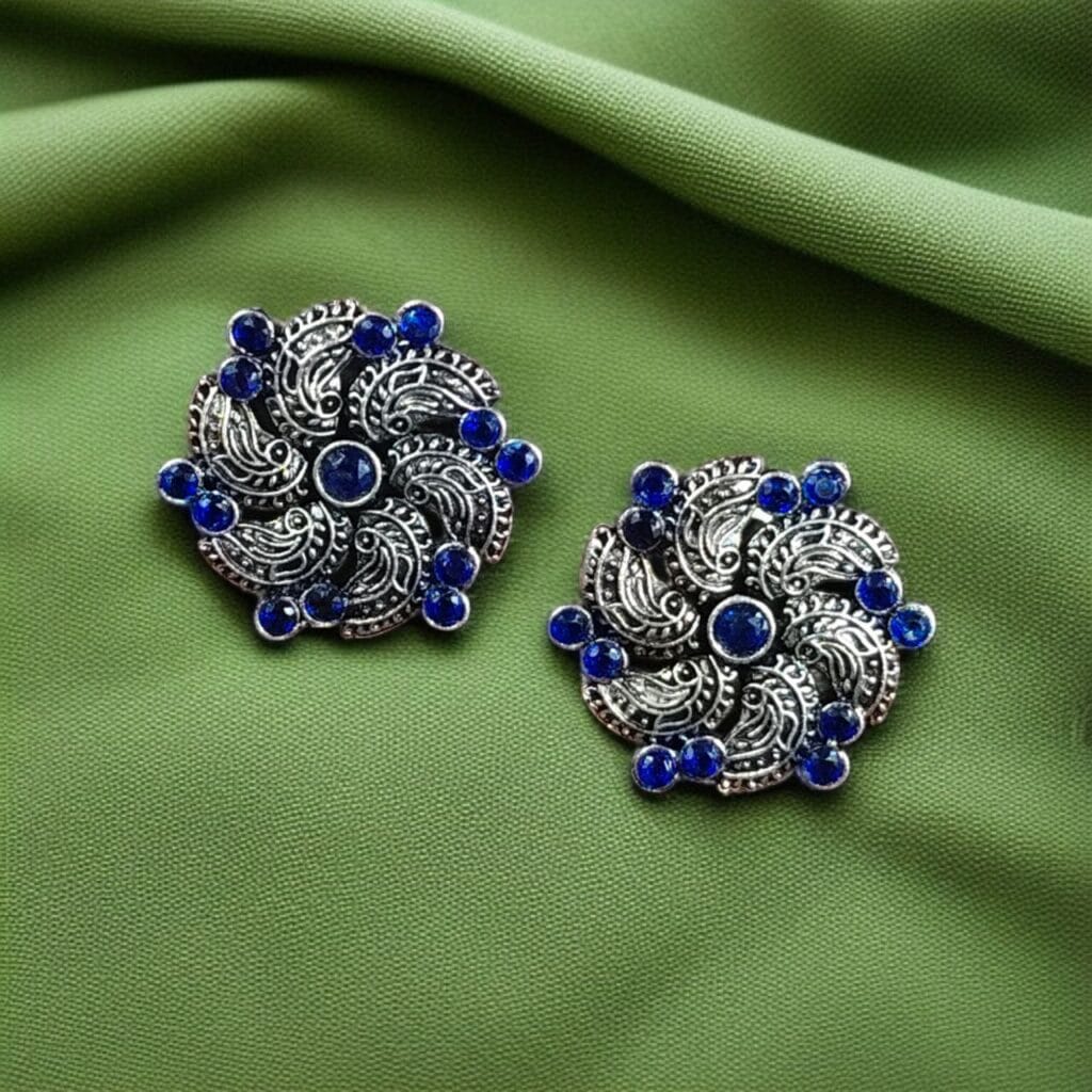 Bulk 1052 Traditional German Silver Stud Earrings – Affordable Ethnic Stone Jewelry - "Blue"