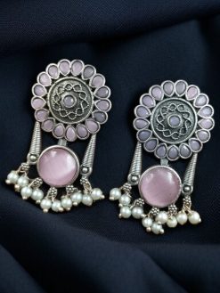 Handcrafted silver look earrings with Monalisa stone and pearl accents in a beautiful floral design, perfect for casual and festive wear.