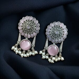 Handcrafted Silver Look Earrings – Pearl & Monalisa Stone Beautiful Flower Studs