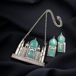 Handcrafted Taj Mahal Necklace Set with oxidized finish and Monalisa stone accents.