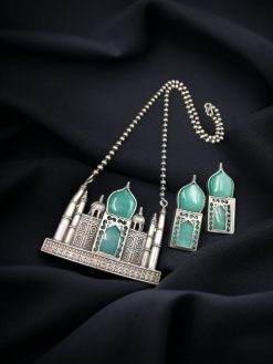 Handcrafted Taj Mahal Necklace Set with oxidized finish and Monalisa stone accents.