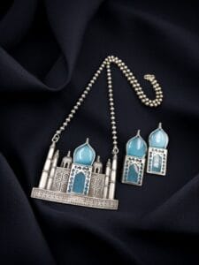 Handcrafted Taj Mahal Necklace Set | Best Oxidised Indian jewellery in Modern Art - color: "Aqua"
