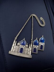 Handcrafted Taj Mahal Necklace Set | Best Oxidised Indian jewellery in Modern Art - color: "Blue"