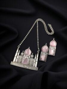 Handcrafted Taj Mahal Necklace Set | Best Oxidised Indian jewellery in Modern Art - color: "Baby Pink"