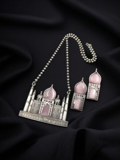 Handcrafted Taj Mahal Necklace Set with oxidized finish and Monalisa stone accents.