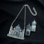 Handcrafted Taj Mahal Necklace Set | Best Oxidised Indian jewellery in Modern Art - "Grey"