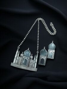 Handcrafted Taj Mahal Necklace Set | Best Oxidised Indian jewellery in Modern Art - color: "Grey"