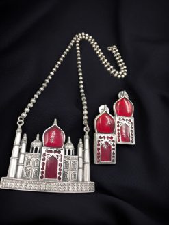 Handcrafted Taj Mahal Necklace Set with oxidized finish and Monalisa stone accents.
