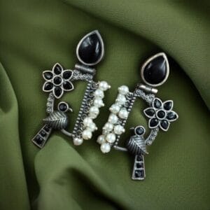 Traditional Designer Bird Earrings in Silver Replica | Pearl & Stone Work Best Oxidised Jewellery - color: "Black"