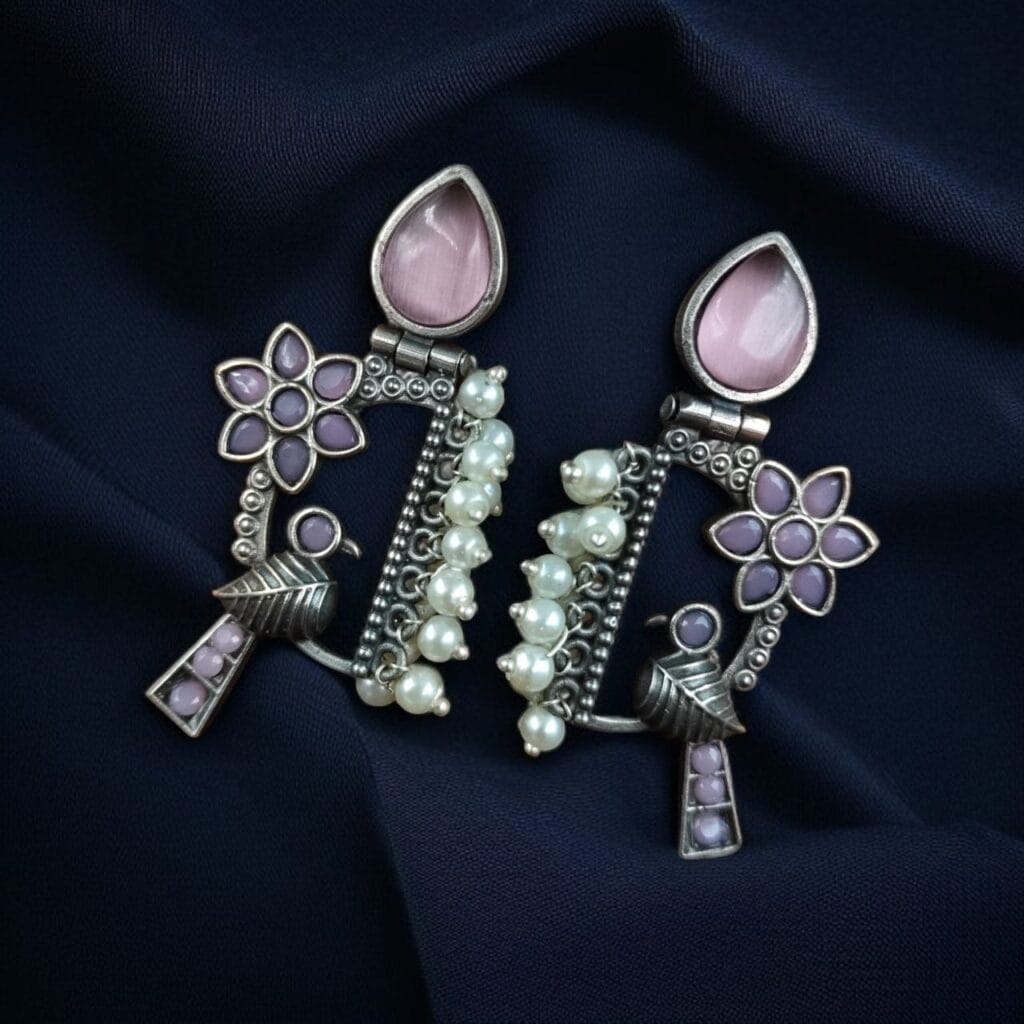 Traditional Designer Bird Earrings in Silver Replica | Pearl & Stone Work Best Oxidised Jewellery