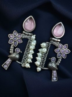 Traditional bird design oxidized silver replica bird earrings with pearl and stone work.