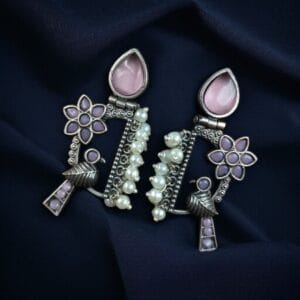 Traditional Designer Bird Earrings in Silver Replica | Pearl & Stone Work Best Oxidised Jewellery - color: "Baby Pink'