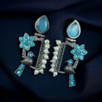 Traditional Designer Bird Earrings in Silver Replica | Pearl & Stone Work Best Oxidised Jewellery - "Aqua"
