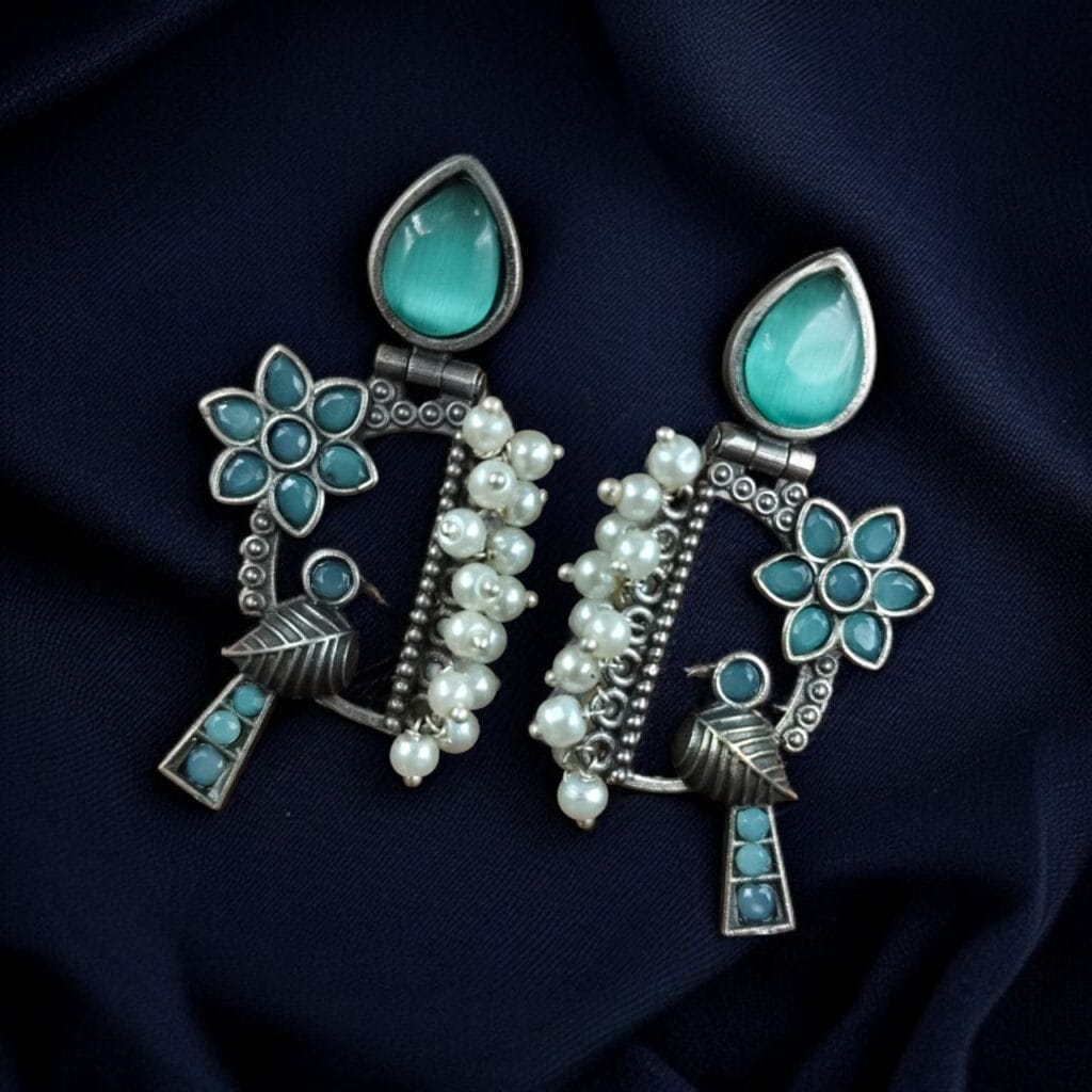 Bulk 1002 Traditional Designer Bird Earrings in Silver Replica | Pearl & Stone Work Best Oxidised Jewellery - "Mint"