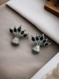 Elegant silver flower pot earrings with a stone for daily wear.