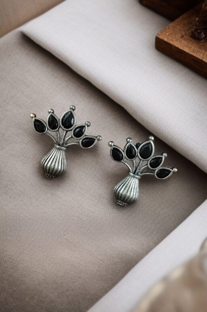 Stylish Amazing Flower Pot Earrings in Silver Finish with Stone for Daily Wear