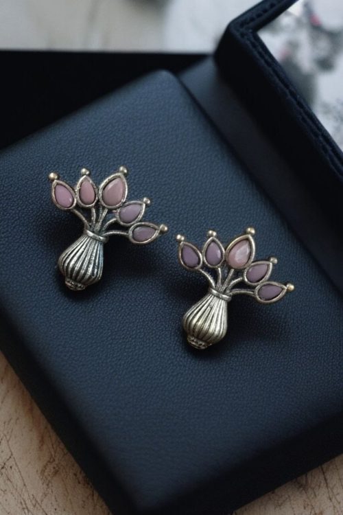 Elegant silver flower pot earrings with a stone for daily wear.