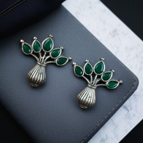 Elegant silver flower pot earrings with a stone for daily wear.