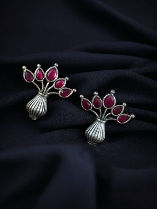 Elegant silver flower pot earrings with a stone for daily wear.
