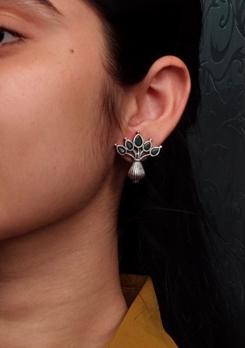 Elegant silver flower pot earrings with a stone for daily wear.