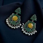 Designer Floral Earrings | Unique Dangler Silver Replica Stud With Stone Detailing - "Yellow"