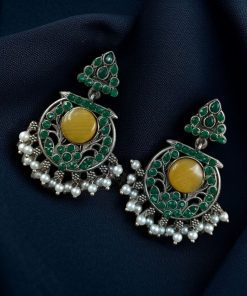 Designer floral earrings with silver replica finish, dangler stud style, and intricate stone detailing.