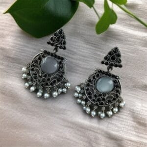 Designer Floral Earrings | Unique Dangler Silver Replica Stud With Stone Detailing - color: "Grey"