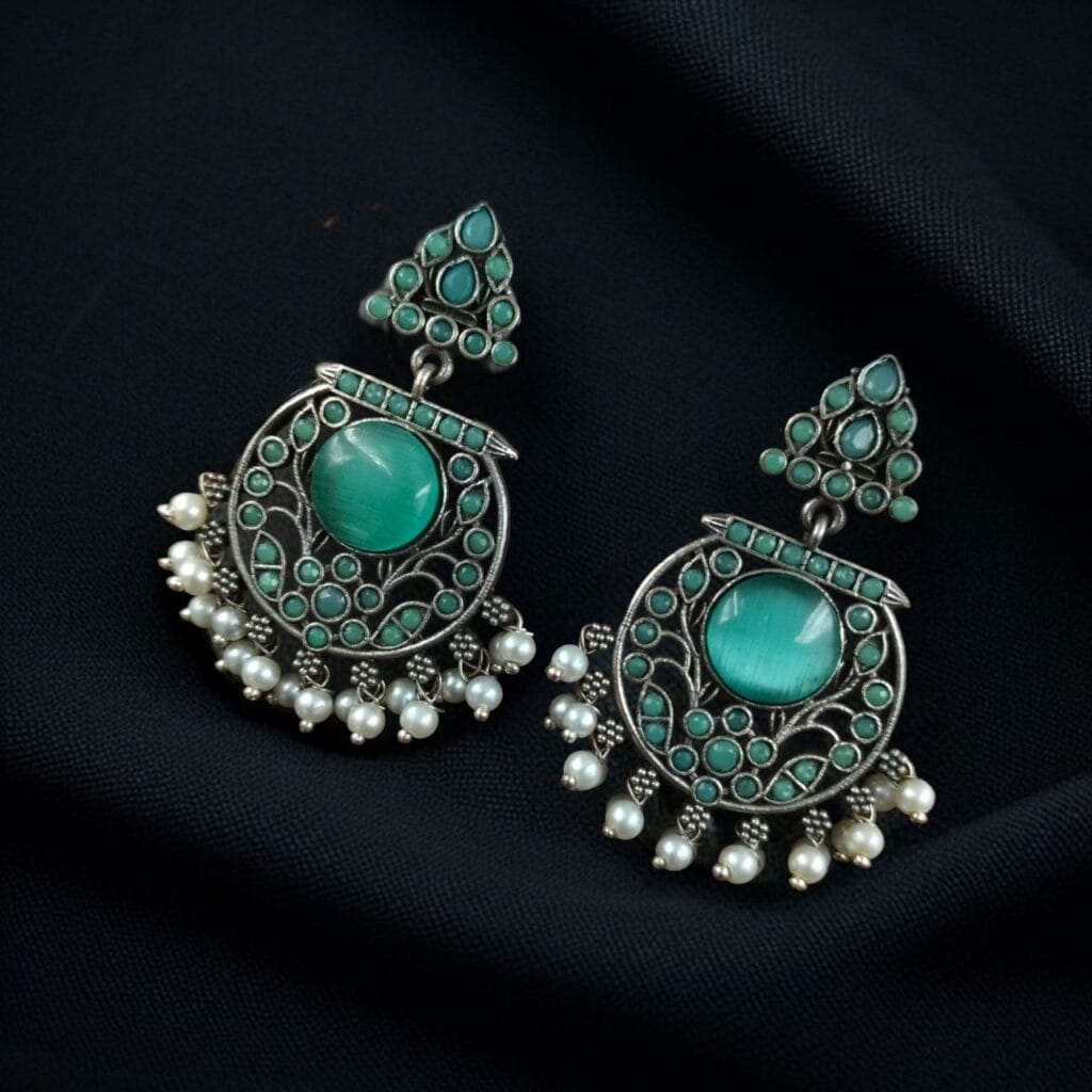 Bulk 970 Designer Floral Earrings | Unique Dangler Silver Replica Stud With Stone Detailing - "Mint"
