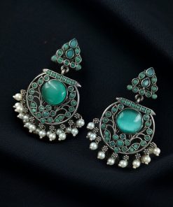 Designer floral earrings with silver replica finish, dangler stud style, and intricate stone detailing.