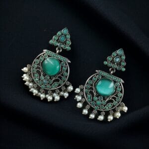 Designer Floral Earrings | Unique Dangler Silver Replica Stud With Stone Detailing - color: "Mint"