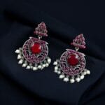 Designer Floral Earrings | Unique Dangler Silver Replica Stud With Stone Detailing - "Red"