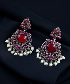 Designer floral earrings with silver replica finish, dangler stud style, and intricate stone detailing.