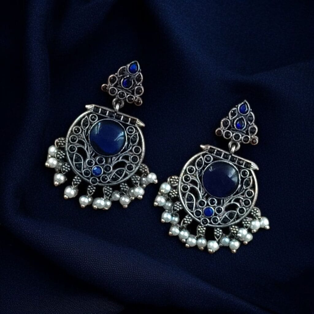 Bulk 972 Designer Floral Earrings | Unique Dangler Silver Replica Stud With Stone Detailing - "Blue"